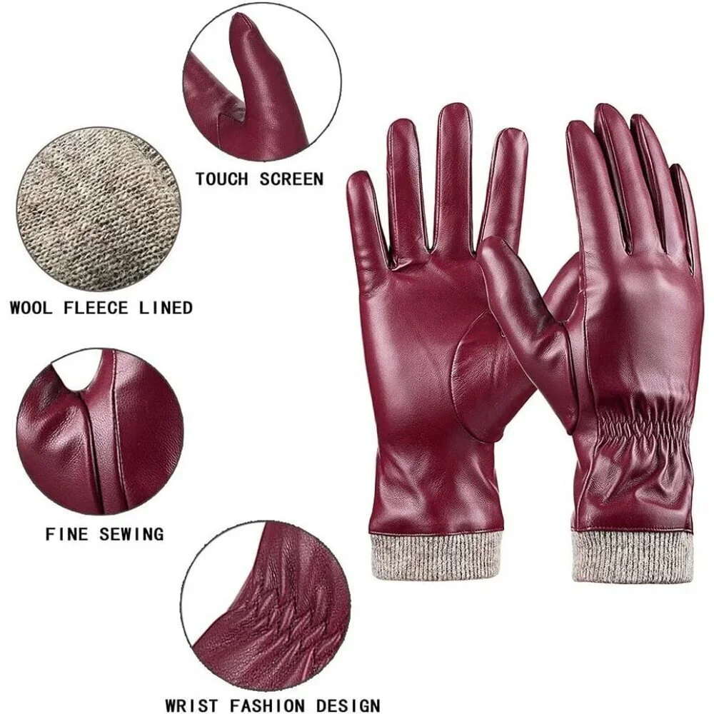 Women's Wine Red Winter Leather Gloves Wool Fleece Lined Thermal Touchscreen